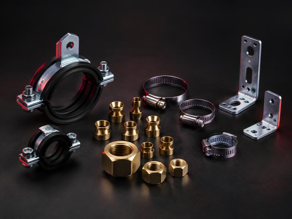 Gas installation accessories including clamps, nuts and brackets